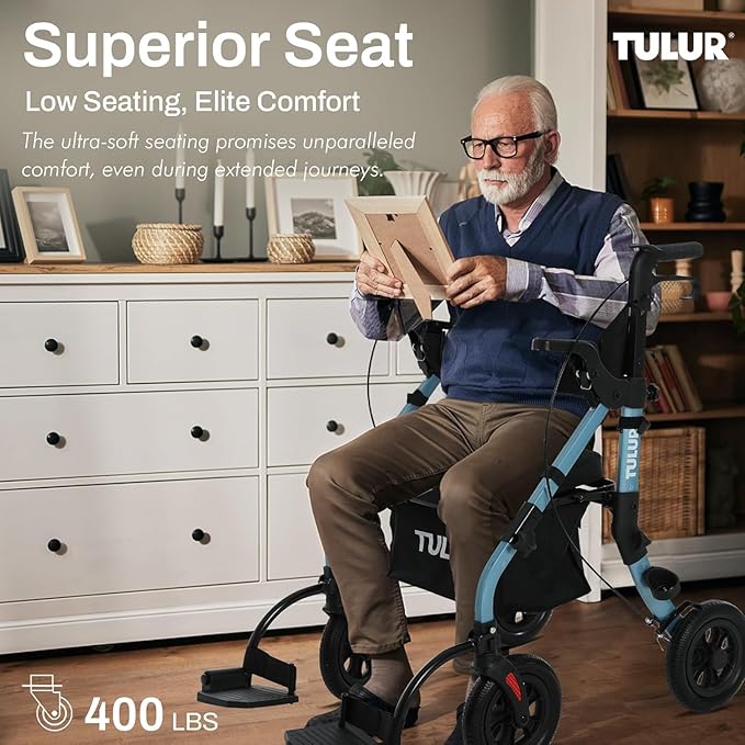 All Terrain Walker Wheelchair Combo,Rollator Walker with Seat for Seniors with Footrest,Transport-Wheelchair Combo,2 in 1 Rolling Walker Chair with Wide Backrest by Tulur (Blue)-New