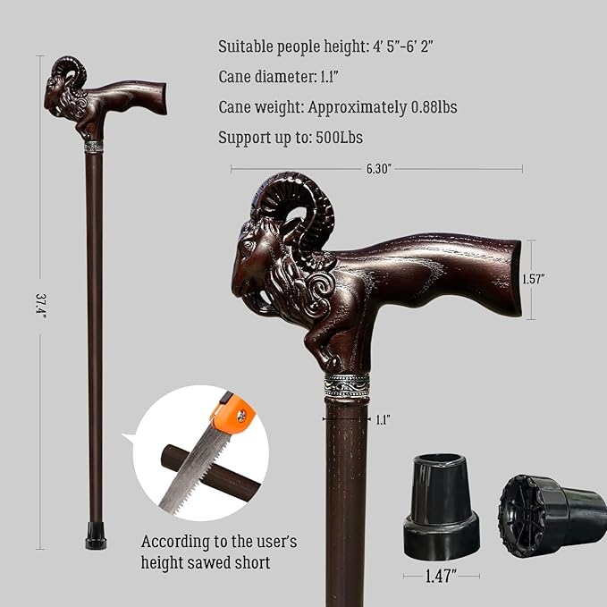 Hand Carved Wooden Cane Ultra Lightweight 0.88 lbs Support up to 500 lbs Walking Cane for Men and Women High-end Solid Wood Canes for Seniors with 3 Tips for City Trekking Daily Use