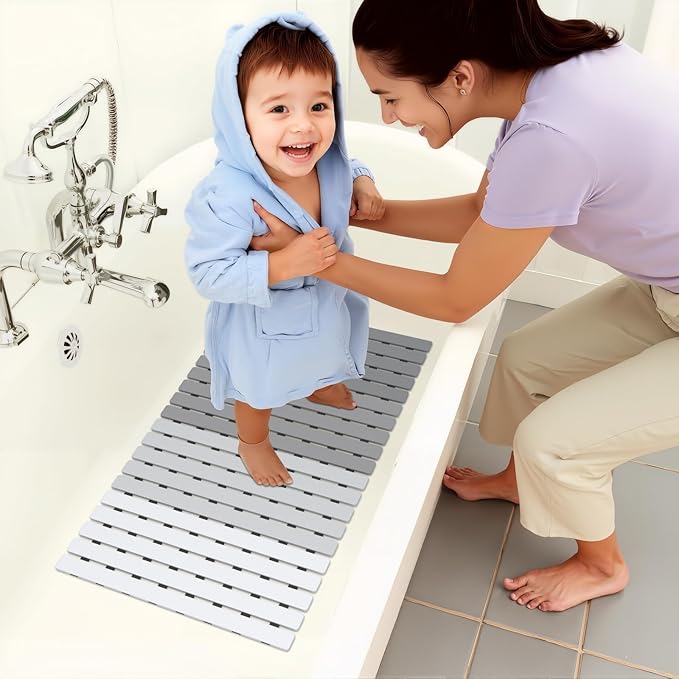 MBOSS Bath Tub Shower Mat Non Slip Bathtub Mats for Bathroom Shower Floor Mat Bath Mats for Shower Tub Anti Slip Shower Mat with Drain Hole and Large Suction Cups (Gradient Grey, 27.5 X 15.7 Inch)