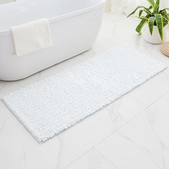 Bathroom Runner Rug 24x60 Non Slip Washable Long Bath Mat for Tub Thick Soft Absorbent Bathroom Floor Mat Large Chenille Bath Rug for Shower, White