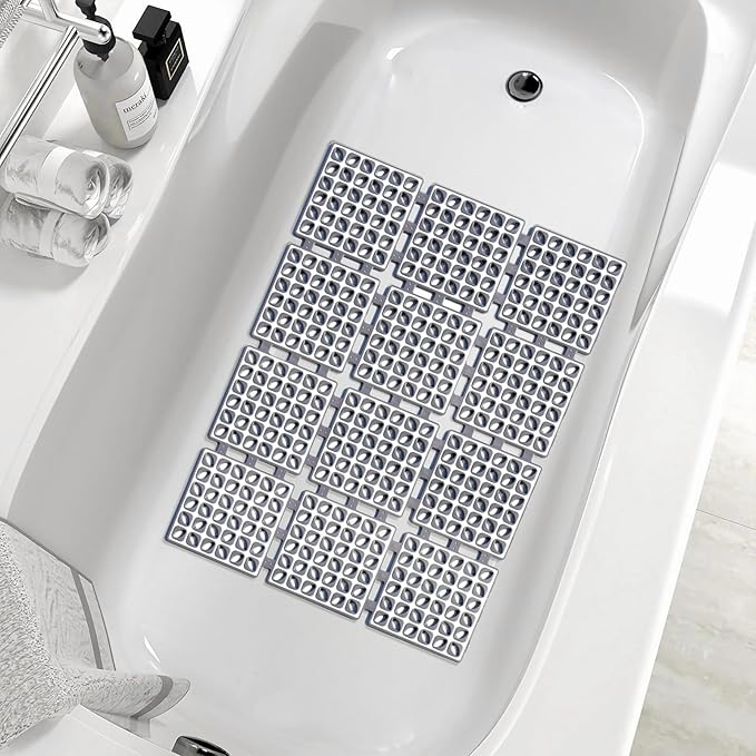 Shower Mat Non Slip,24"X24" Bathtub Mat Non Slip Square Shower Mats for Inside Shower with Drain Holes Suction Cups, Quick Drain, TPE Shower Floor Mat for Elderly & Kids (D-Grey)