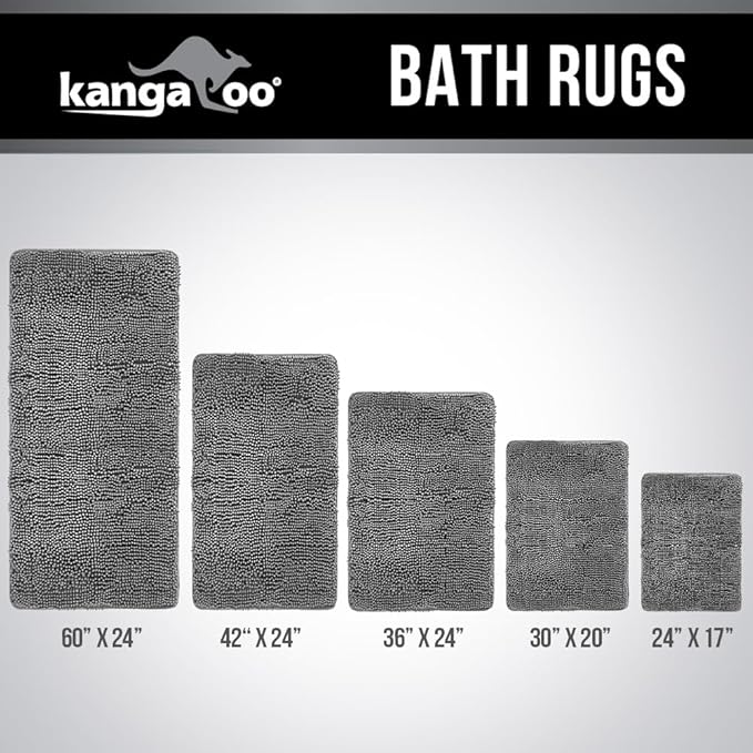 KANGAROO Bathroom Rugs, Chenille Soft Absorbent Bath Rug, Shaggy Shower Mat, Quick Dry Machine Wash Bathmat, Plush Carpet Mats for Tub, Bathtub and Room Home Decor Accessories, 60x24, Gray
