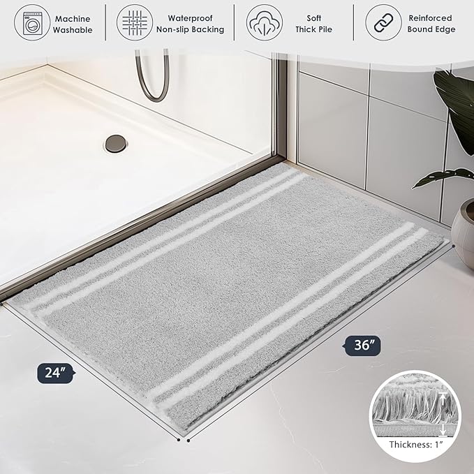 PURRUGS Bathroom Rug Non-Slip Machine Washable 24" x 36", Super Absorbent and Quick Dry Shaggy Microfiber Bath Mat, Extra Soft and Plush Bath Rug for Bathtub, Shower and Sink, Light Grey