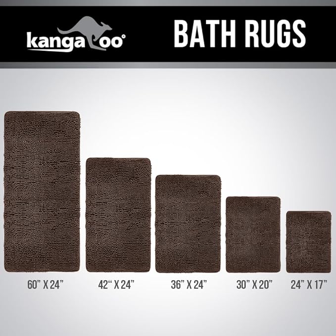 KANGAROO Bathroom Rugs, Chenille Soft Absorbent Bath Rug, Shaggy Shower Mat, Quick Dry Machine Wash Bathmat, Plush Carpet Mats for Tub, Bathtub and Room Home Decor Accessories, 24x17, Brown