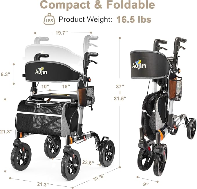 Walkers for Seniors, Rollator Walker with Seat, 350 lb Weight Capacity, 18" Big Seat, 8" All-Terrain Wheels, 6-Level Adjustable Height, Lightweight Aluminum Frame Rollator Walkers for Seniors (Silver)
