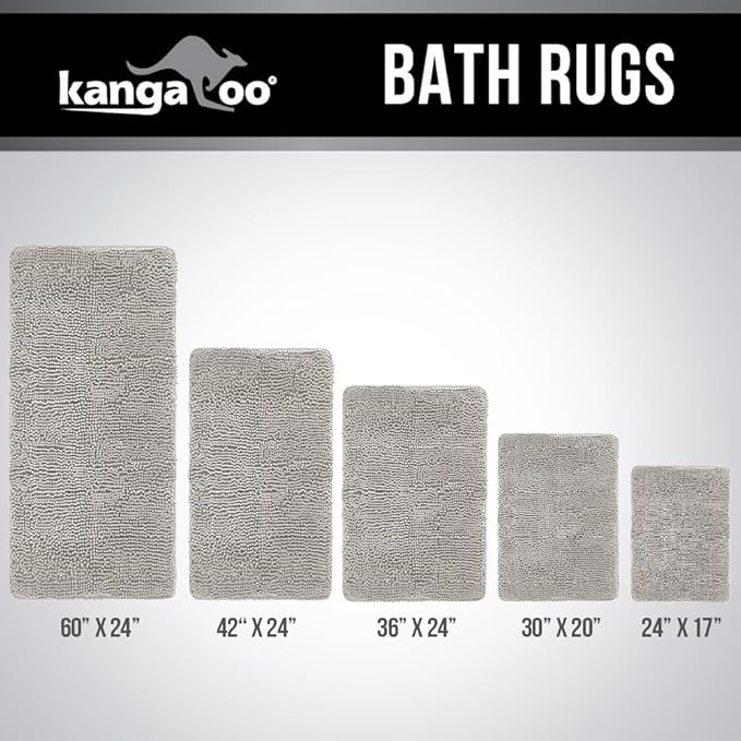 KANGAROO Bathroom Rugs, Chenille Soft Absorbent Bath Rug, Shaggy Shower Mat, Quick Dry Machine Wash Bathmat, Plush Carpet Mats for Tub, Bathtub and Room Home Decor Accessories, 60x24, Light Gray