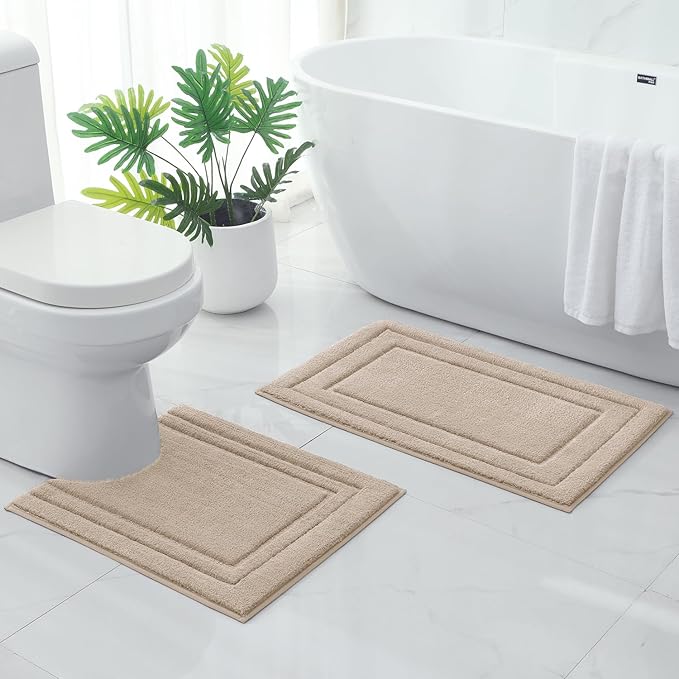 HOMEIDEAS Bathroom Rugs Sets 2 Piece, Super Soft and Absorbent Non Slip Microfiber U-Shaped Toilet Bath Mat Set (20"x32"+U20 x24, Beige)