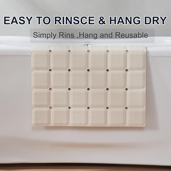 Anti Slip Shower Mat for Tub & Shower Stall, 21" x 21" Square Silicone Bathtub Mat with Powerful Suction Cups, Fast-Draining, Machine Washable Soft Foldable Bathroom Mat, Beige