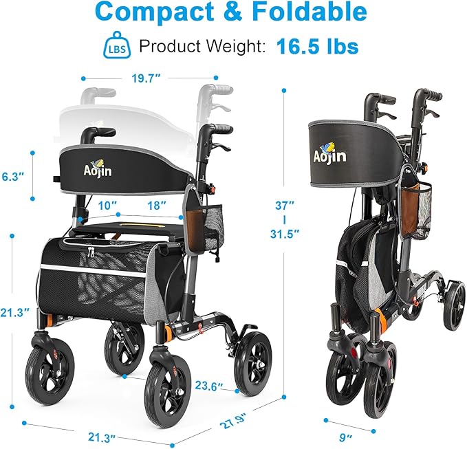 Walkers for Seniors, Rollator Walker with Seat, 350 lb Weight Capacity, 18" Big Seat, 8" All-Terrain Wheels, 6-Level Adjustable Height, Lightweight Aluminum Frame Rollator Walkers for Seniors (Gray)