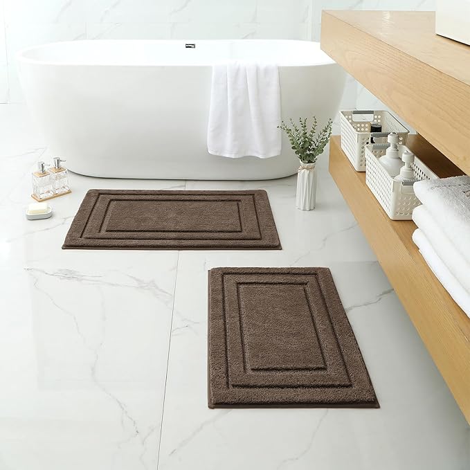 HOMEIDEAS Bathroom Rugs Sets 2 Piece, Super Soft and Absorbent Non Slip Microfiber Machine Washable Bath Mat Set (20" x 32" + 16" x 24", Brown)