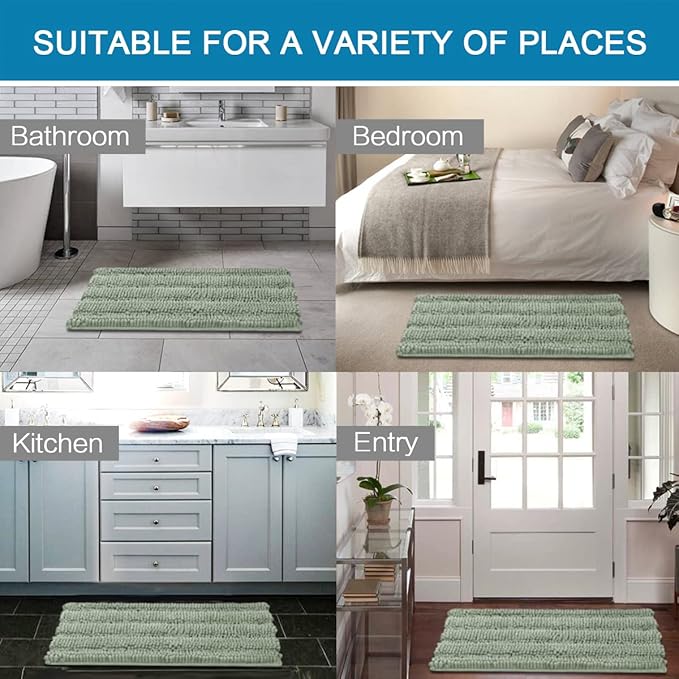 H.VERSAILTEX Bath Rugs for Bathroom Non Slip Bath Mats Extra Thick Chenille Striped Rug 20" x 32" Absorbent Non Skid Fluffy Soft Shaggy Washable Dry Fast Plush Mat for Indoor, Bath Room, Tub - Sage