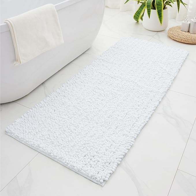 Non Slip Bathroom Rug Machine Washable Thick White Bath Mat 24x44 Soft Absorbent Bathroom Floor Mat Chenille Bath Rug for Shower Tub