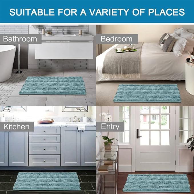 H.VERSAILTEX Bathroom Rugs Bath Rugs for Bathroom Non Slip Bath Mats Extra Thick Chenille Striped Rug 17" x 24" Absorbent Soft Shaggy Washable Dry Fast Bath Mats for Bath Room Floor - Aqua Haze