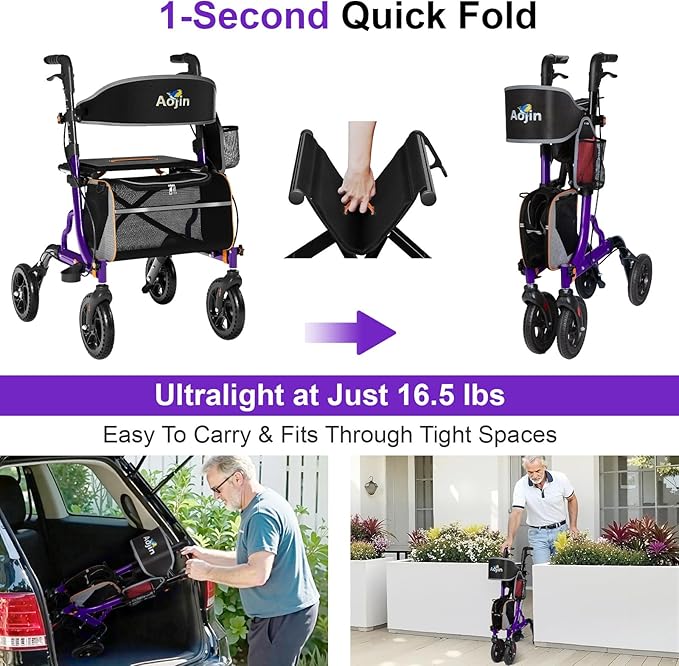 Rollator Walker for Seniors with Seat, Lightweight & Foldable, 8" All-Terrain Wheels, 18" Big Seat, 6-Level Adjustable Height Rolling Walker, 350 lb Capacity, Purple