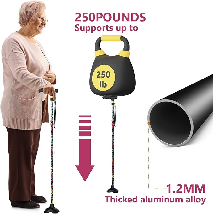 Walking Cane with LED Light, Foldable,Adjustable, Self Standing Walking Canes for Men & Women,Walking Sticks with Quad Base for Seniors & Adults