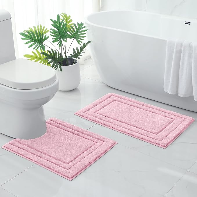HOMEIDEAS Bathroom Rugs Sets 2 Piece, Super Soft and Absorbent Non Slip Microfiber U-Shaped Toilet Bath Mat Set (20"x32"+U20 x24, Light Pink)