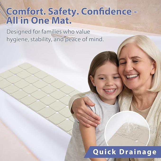 Bathtub Mat Non Slip Silicone Foldable Extra Long Tub Mat Strong Suction Cups & Large Drain Holes, Durable,Machine Washable for Smooth Surfaces Shower Mat, Ideal for Families Beige,15"x40" Beige