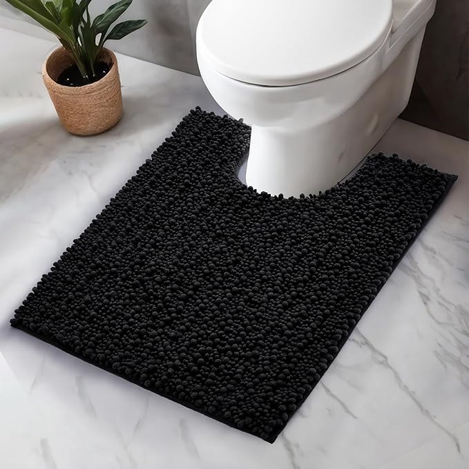 Toilet Rug 24x24 Non Slip Plush Bathroom Floor Mat U Shaped Washable Contour Rug for Toilet Absorbent Thick Foot Rug, Black