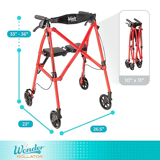 Stander Space Saver Rollator, Lightweight Folding Rolling Walker with Seat for Seniors & Adults, 4-Wheel Mobility Aid with 6-inch Wheels, Locking Brakes & Padded Seat with Backrest, Sport Red