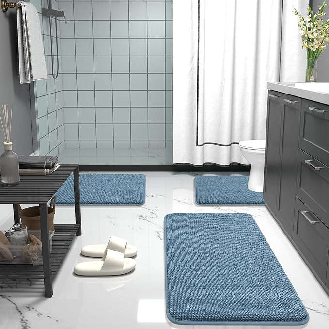 OLANLY Thick Memory Foam Bath Mat Rug 24x16, Extra Soft Absorbent Bathroom Rug, Quick Dry Bath Mats, Non-Slip, Machine Washable Carpet for Bathroom, Tub and Shower, Home Decor Accessories, Airy Blue