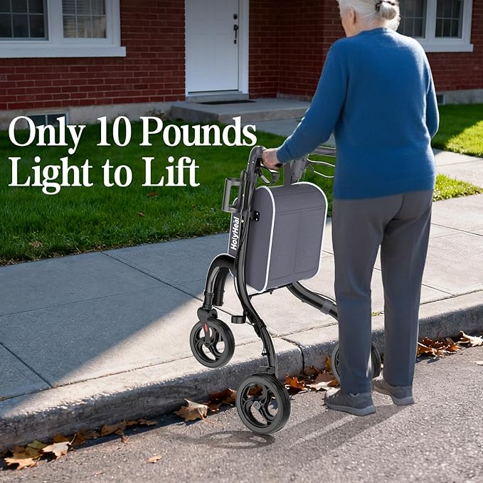 3 Wheel Walkers for Seniors, Lightweight Rollator Walkers Foldable for Elderly with Cane Hold and Cup Hold, Height Adjustable Aluminum Three Wheel Rolling Walker Mobility Aid, Black