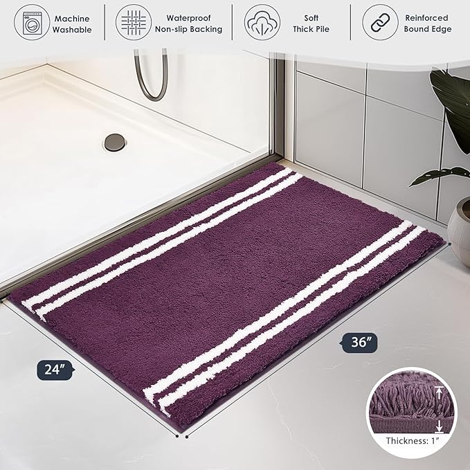 PURRUGS Bathroom Rug Non-Slip Machine Washable 24" x 36", Super Absorbent and Quick Dry Shaggy Microfiber Bath Mat, Extra Soft and Plush Bath Rug for Bathtub, Shower and Sink, Purple