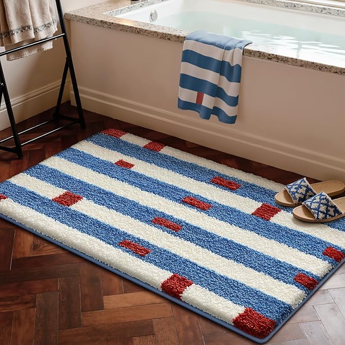 LUMI Bathroom Rugs with Blue White Stripe, Soft Absorbent Bath Mat for Modern Home Decor, Non-Slip Quick-Dry Bath Rug, Machine Washable Floor Mat for Shower and Tub, Entryway, 16"x24", Brick Line