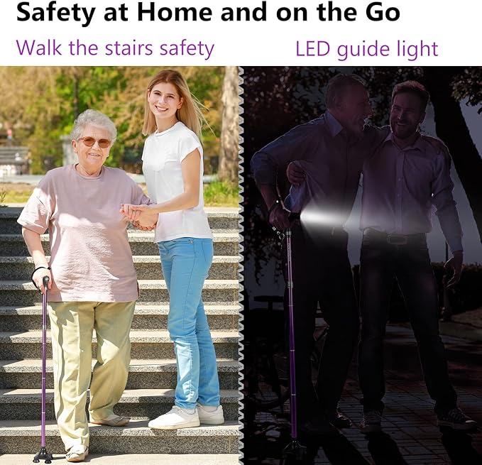 Folding Walking Cane with LED Light for Women & Men - Foldable, Adjustable, Collapsible Lightweight Aluminum Walking Stick for Seniors & Adults