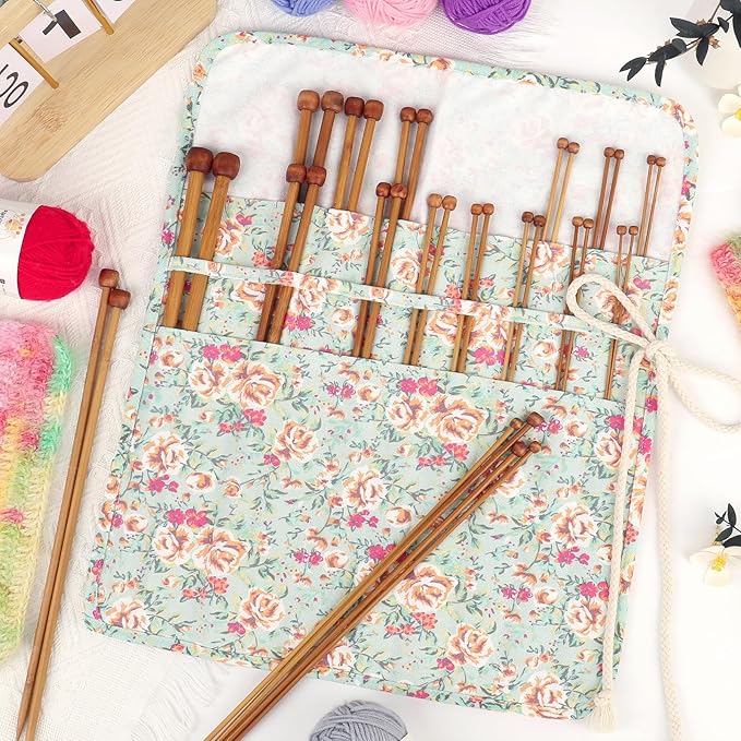 Aeelike 18 Pairs Bamboo Knitting Needles Set - 14 Inches Wooden Knitting Needles Single Point with Flower Roll Bag - Portable Knittings Needle Set for Beginners (2mm - 10mm)