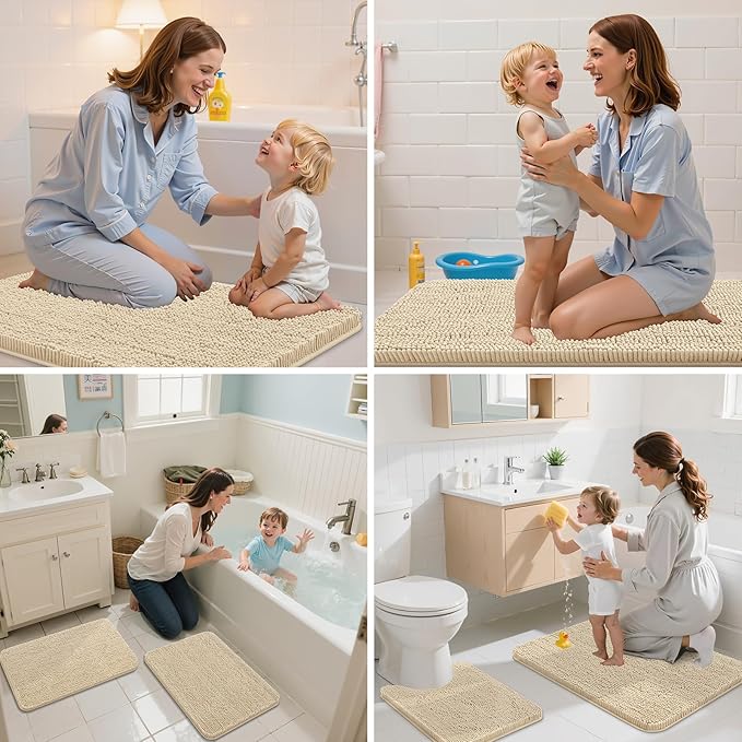 Arotive Bathroom Rugs 44x24, Extra Soft Absorbent Shaggy Chenille Bath Rugs, Machine Washable Rubber Backing Non-Slip Bath Mats for Bathroom Floor Tub and Shower, Home Decor Accessories, Beige