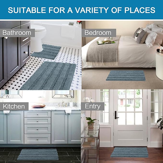 H.VERSAILTEX Bathroom Rugs Bath Rug Set 2 Piece Bathroom Contour Rug Toilet Mat Sets Non Slip Contour Bath Rug Ultra Thick Water Absorbent Striped Bath Mats(36" x 24" Plus 20" x 24" U, Stone Blue)