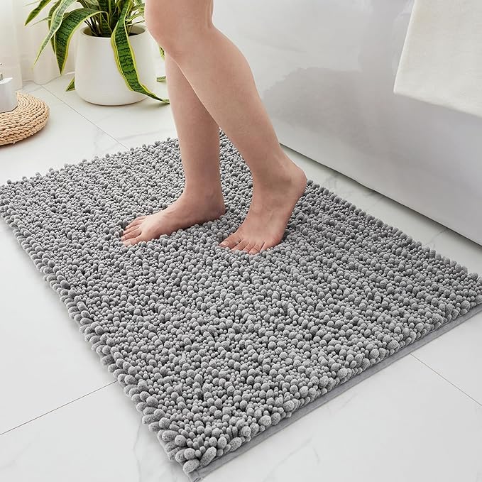 Non Slip Bathroom Rug Machine Washable Thick Grey Bath Mat 24x36 Soft Absorbent Bathroom Floor Mat Chenille Bath Rug for Shower Tub