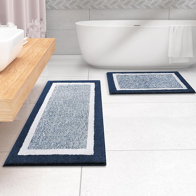 OLANLY Bathroom Rugs 47x24, Extra Soft and Absorbent Microfiber Bath Mat, Non-Slip, Machine Washable, Quick Dry Shaggy Bath Carpet, Suitable for Bathroom Floor, Tub, Shower (Runner, Navy)