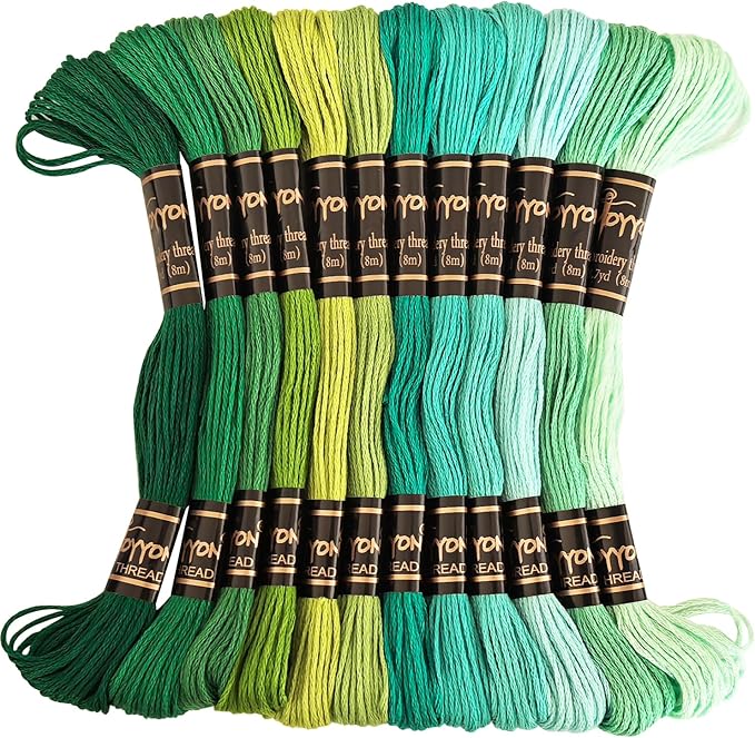 12 Skeins Embroidery Thread, 12 Colors Embroidery Floss Set, Cross-Stitch Threads for Hand Embroidery, String Art(Green Series)