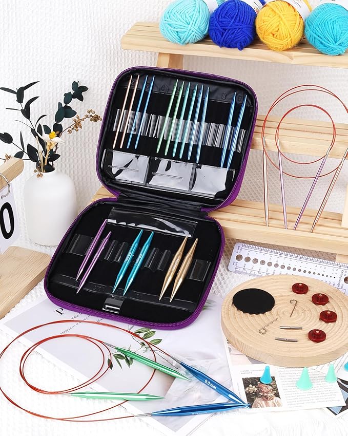 Aeelike Interchangeable Knitting Needles Set,13 Pairs Circular Knitting Needles Aluminum (Size 3.0mm-10.0mm) with 4 Cables for DIY Crafts Socks Blankets Cushions, Ideal Crochet Gift