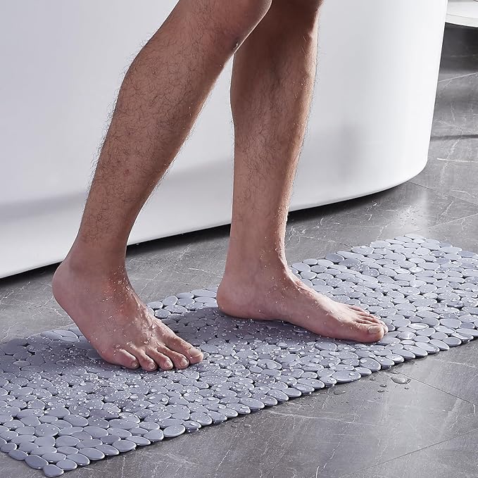 Bath Shower Mat Non Slip: Extra Large Pebble Bathtub mat for Families, Anti Slip Shower Matt with Drain Holes Suction Cups Tub Mat - 16 X 40 Inch Grey