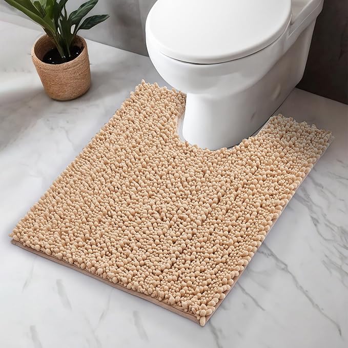 Toilet Rug 24x24 Non Slip Plush Bathroom Floor Mat U Shaped Washable Contour Rug for Toilet Absorbent Thick Foot Rug, Beige