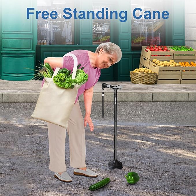 KingPavonini Walking Cane for Men Women Stability, Free Standing Foldable Cane, Ergonomic Handle Pivoting Quad Base, Heavy Duty 350 LBs, Adjustable Walking Canes for Seniors Balance with Travel Bag