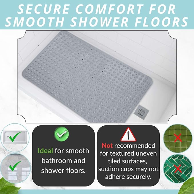 ENKOSI Extra Large Shower Mat Non Slip - 47 x 32 inch - XL Bathroom Shower Mat - Large Shower Matts for Shower Stall Floors - Secure Suction Cups and Drain Holes (47x32 Grey)