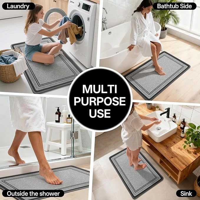 16"×24" Non Slip Bath Mat with Rubber Backing, Absorbent Quick Dry Bath Mats Washable, Low Pile Bathroom Rugs Fit Under Door for Bathroom Floor, Shower and Sink, Grey