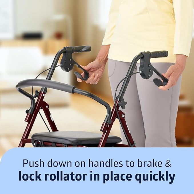 Medline Steel Rollator Walker for Adult Mobility Impairment, Burgundy, 350 lb. Weight Capacity, 8” Wheels, Foldable, Adjustable Handles, Rolling Walker for Seniors