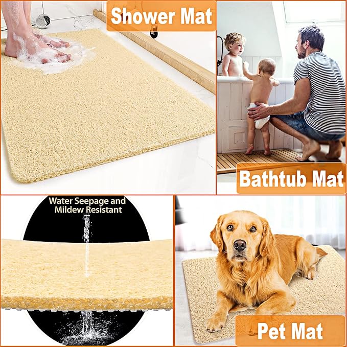 Shower Mats Non Slip for Elderly, 24x47’’Extra Lager Loofah Bath Mats for Shower, Non-Slip Bath/Shower Mat for Elderly-Beige