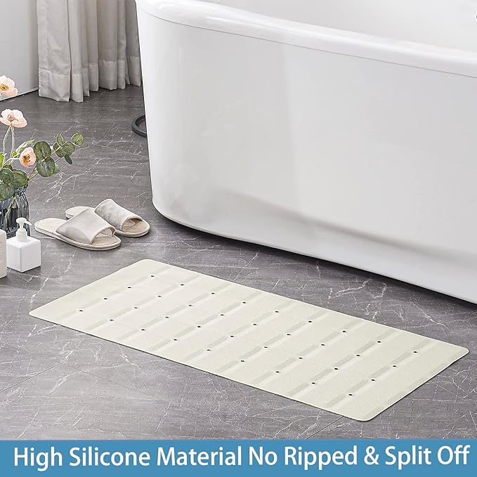 Foldable Silicone Bathtub Mat: Jumbo Size Heavy Duty Safety Bath Mat for Tub Without Suction Cups Non Slip Bath & Shower Mat for Textured, Reglazed, Refinished Tub (Beige, 35.8 x 17.7)