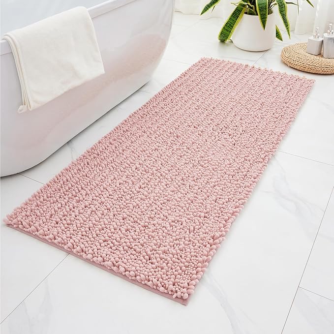 Non Slip Bathroom Rug Machine Washable Thick Pink Bath Mat 24x44 Soft Absorbent Bathroom Floor Mat Chenille Bath Rug for Shower Tub