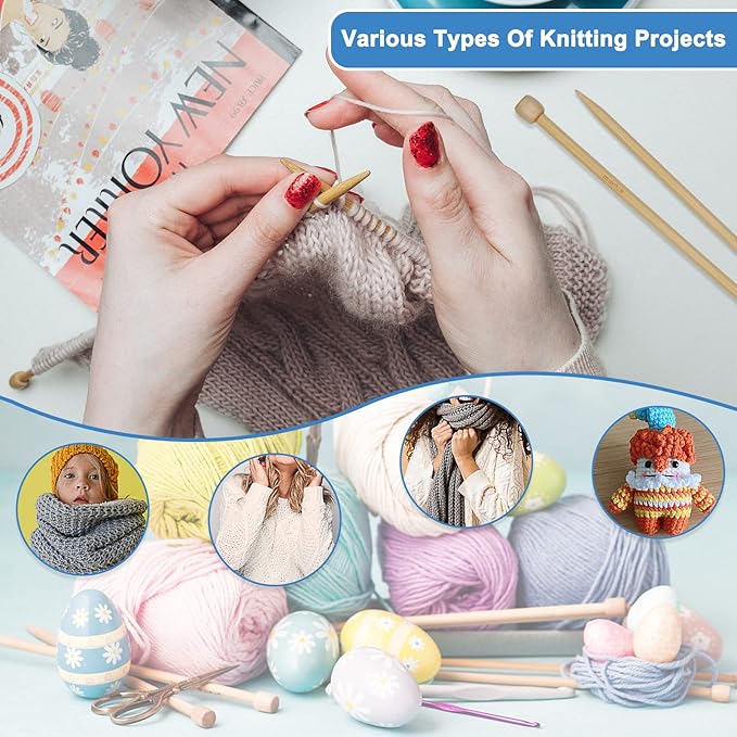 Coopay Knitting Kit for Beginners 71pcs | 2mm-10mm Single Pointed Knitting Needles Set | Bamboo Knitting Set with Yarn | Straight Knitting Needles with Storage Case, Knitting Accessories