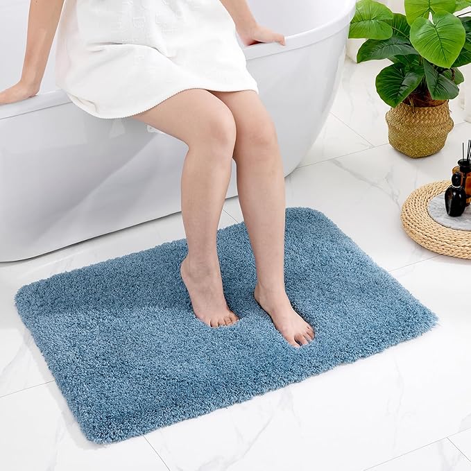 Small Bathroom Rug 17x24 Non Slip Blue Fluffy Bath Mat for Bathroom Floor Washable Plush Luxury Bath Rug for Tub Soft Shaggy Absorbent Shower Mat