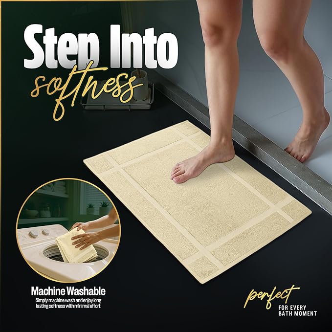 Pearl Linens Pack of 2 100% Cotton Bath Mat 18x25 inches, Soft & Absorbent Quick Dry Bathroom Mat Set, Not Bathroom Rugs, After Shower Mat, Bath Tub Mat, 687 GSM, Machine Washable, Beige