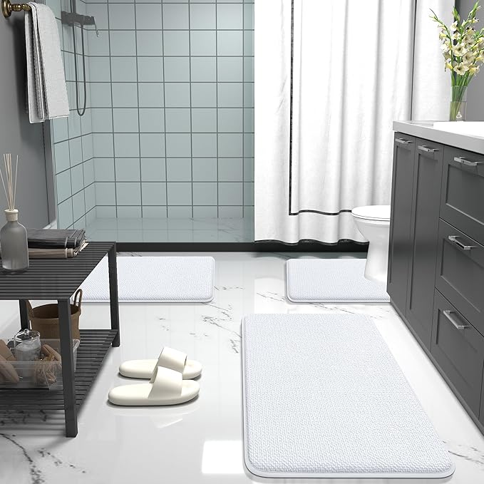 OLANLY Thick Memory Foam Bath Mat Rug 30x20, Extra Soft Absorbent Bathroom Rug, Quick Dry Bath Mats, Non-Slip, Machine Washable Carpet for Bathroom, Tub and Shower, Home Decor Accessories, White