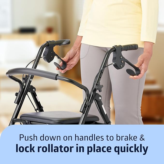 Medline Steel Rollator Walker for Adult Mobility Impairment, Black, 300 lb. Weight Capacity, 8” Wheels, Foldable, Adjustable Handles, Rolling Walker for Seniors