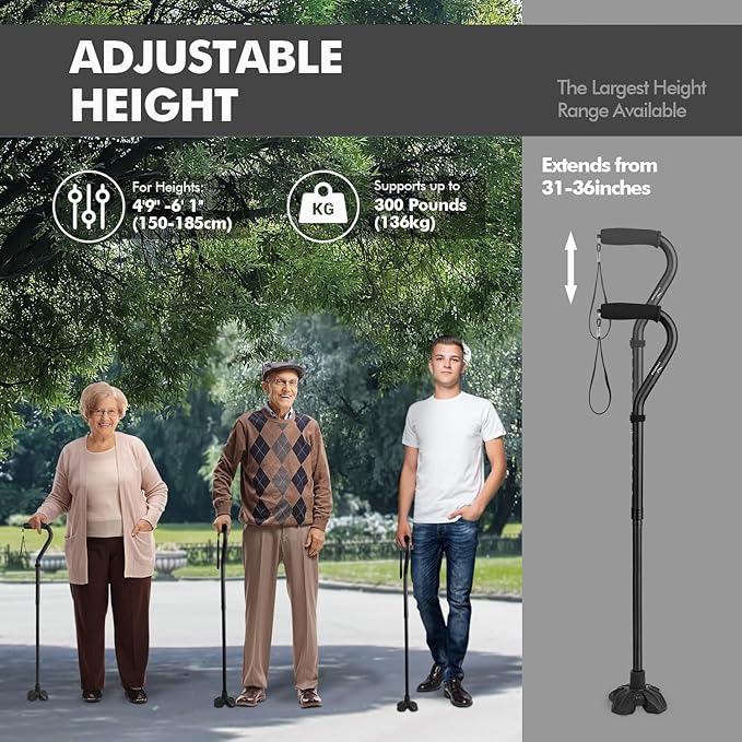KINGGEAR F1 Walking Stick, Walking Cane for Women & Men, Self Standing Walkers for Seniors with Wrist Strap, Lightweight & Sturdy Offset EVA Handle and Large Quad Base